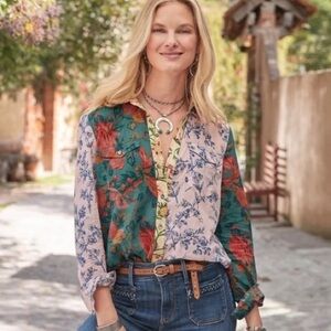 Sundance Teal and White multi pattern Floral Button Down Shirt
